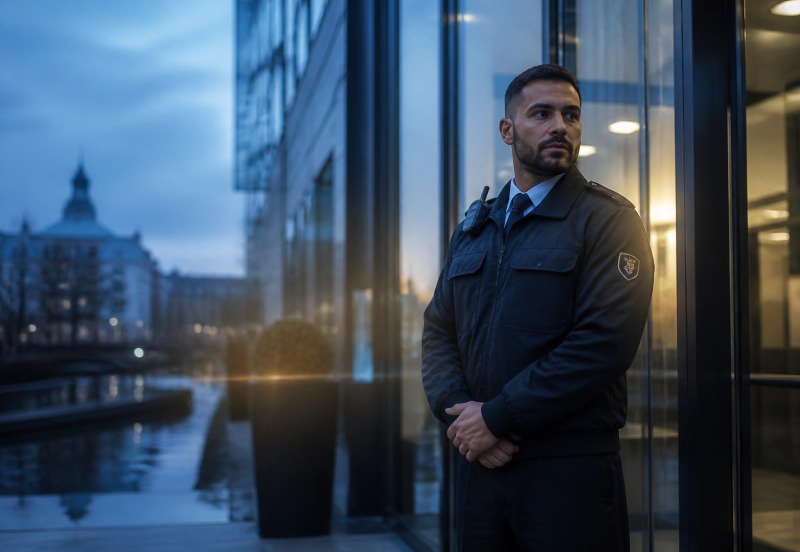 Beveiliger van AM Security bij de entree van een kantoorpand in Eindhoven